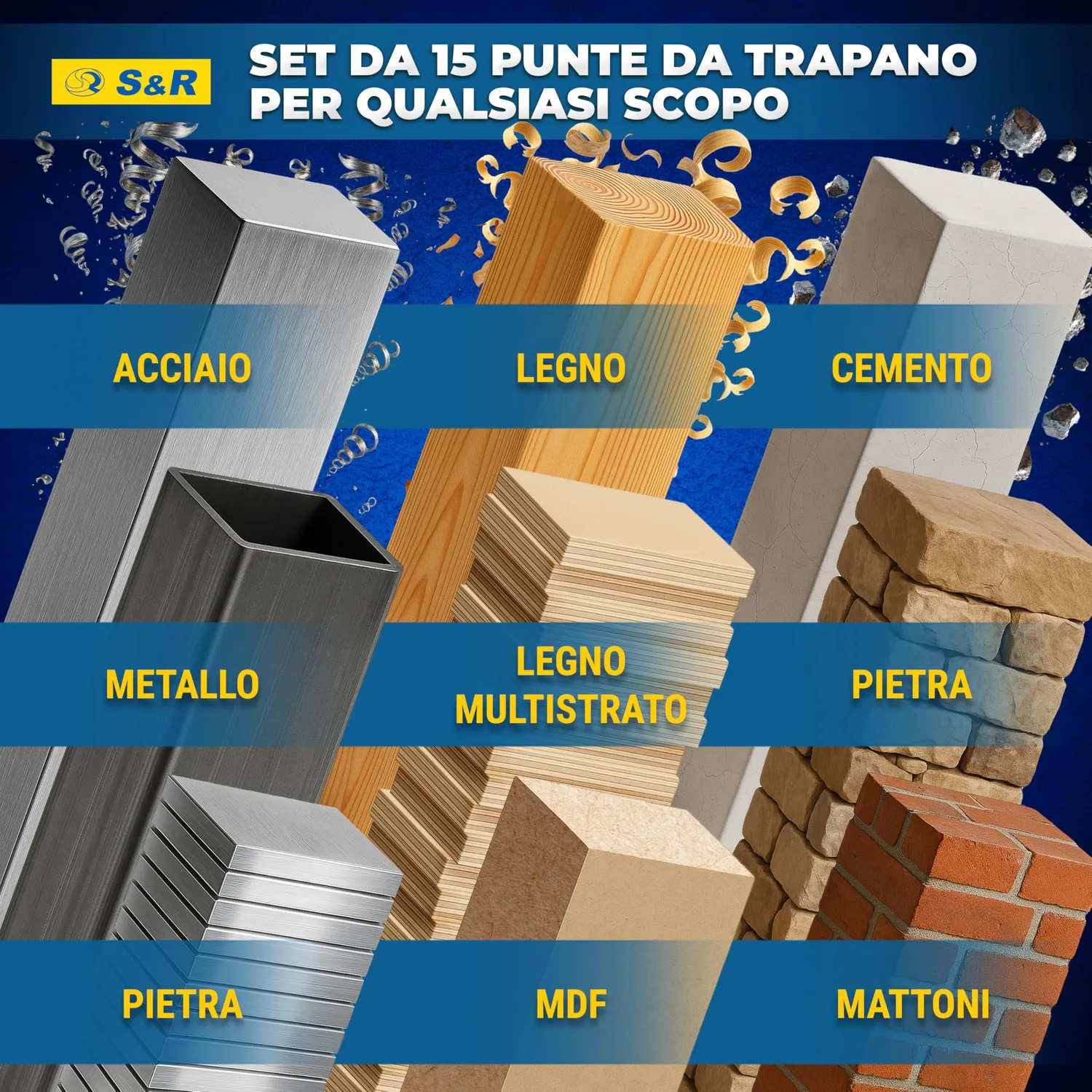 S&R Set 15 Punte Miste Muro Legno Metallo HSS