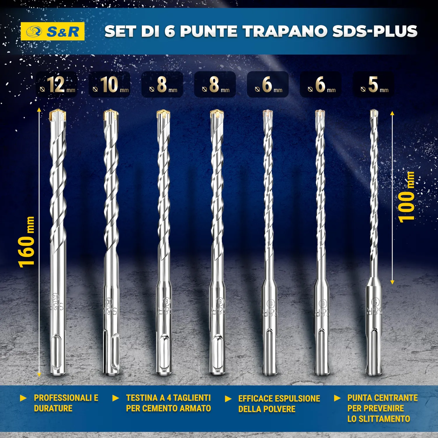 S&R Set 7 Punte SDS-Plus 4 Taglienti 5-12x160mm