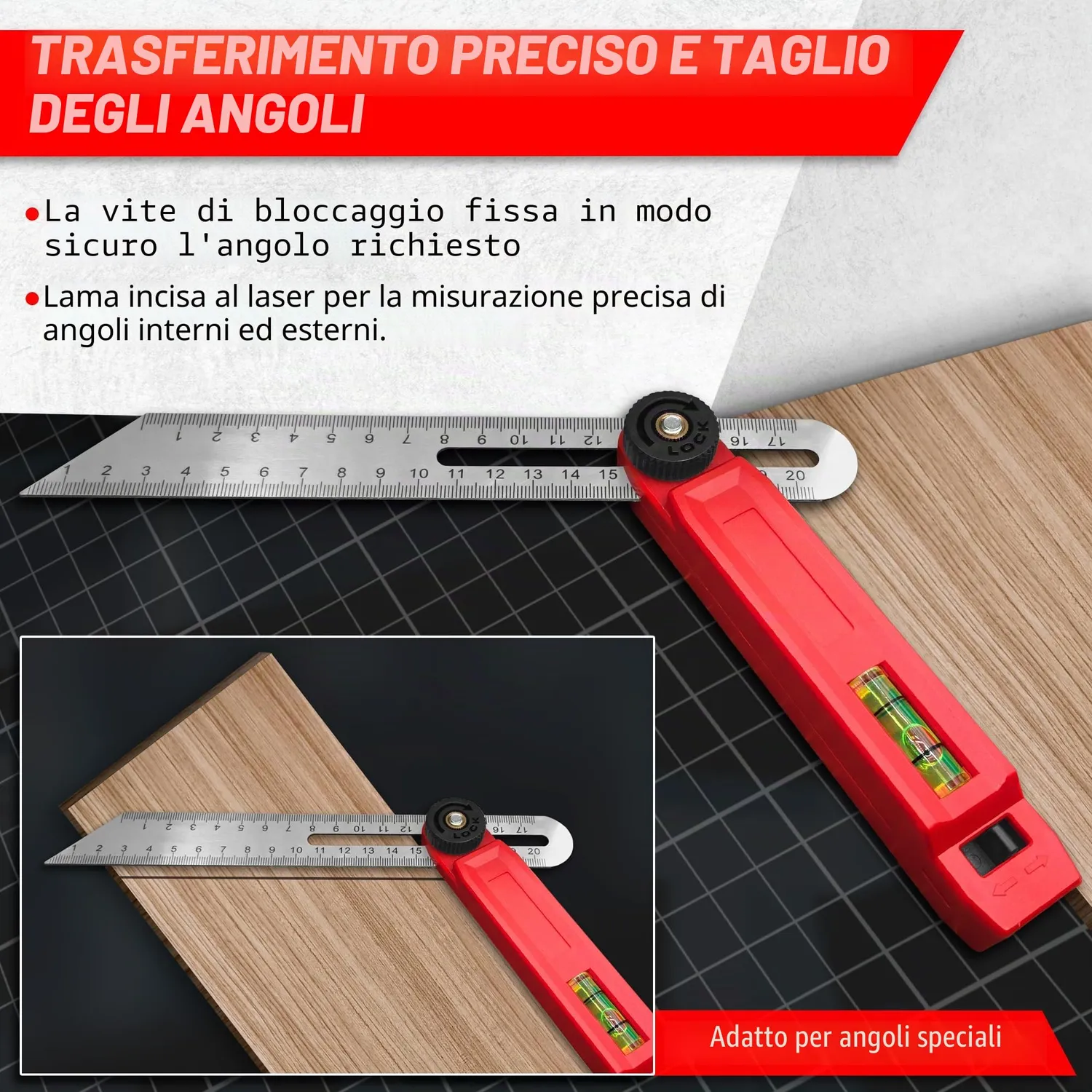Graff falsa squadra 180 mm acciaio con livella e truschino