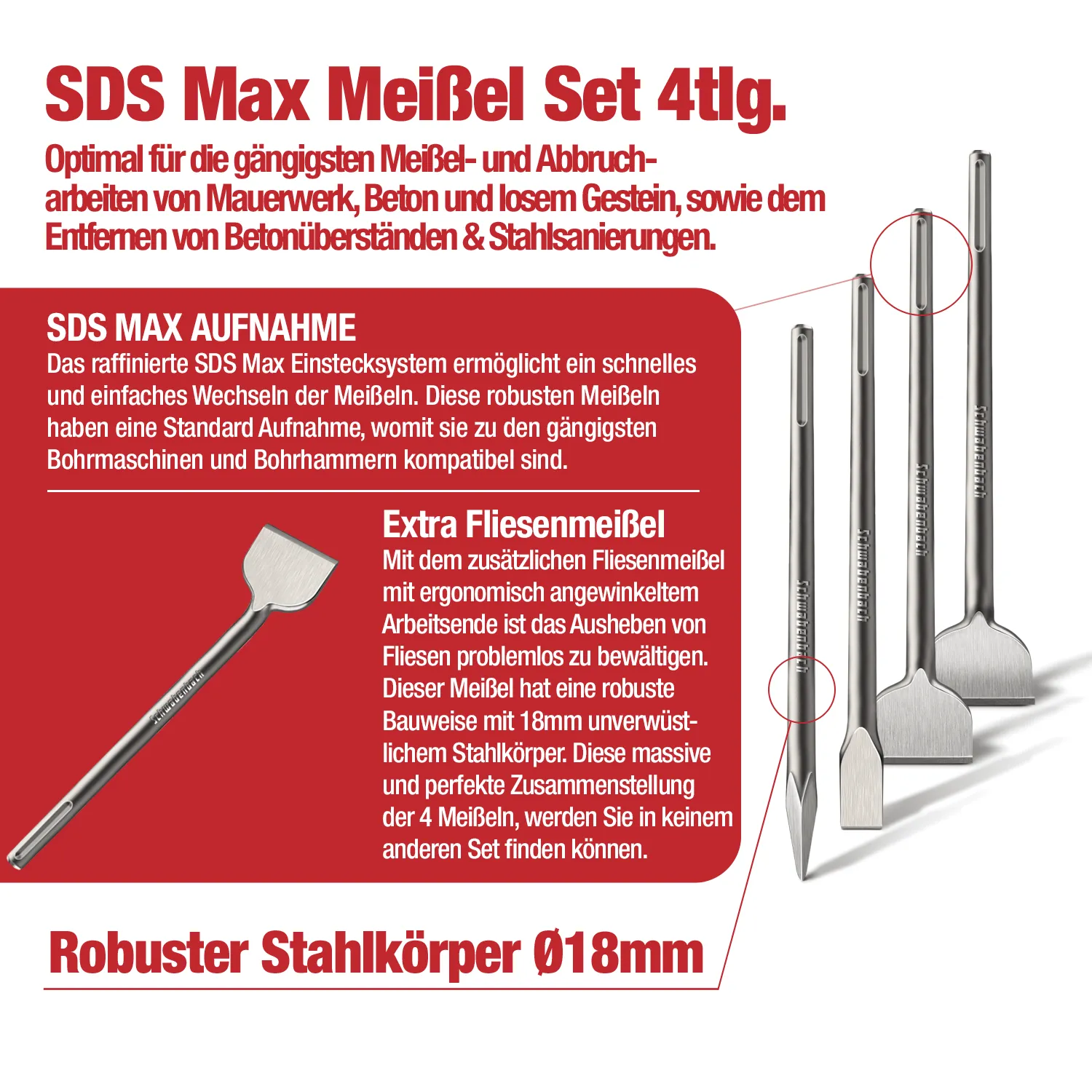Schwabenbach set scalpelli SDS-Max 4 pezzi 280 mm