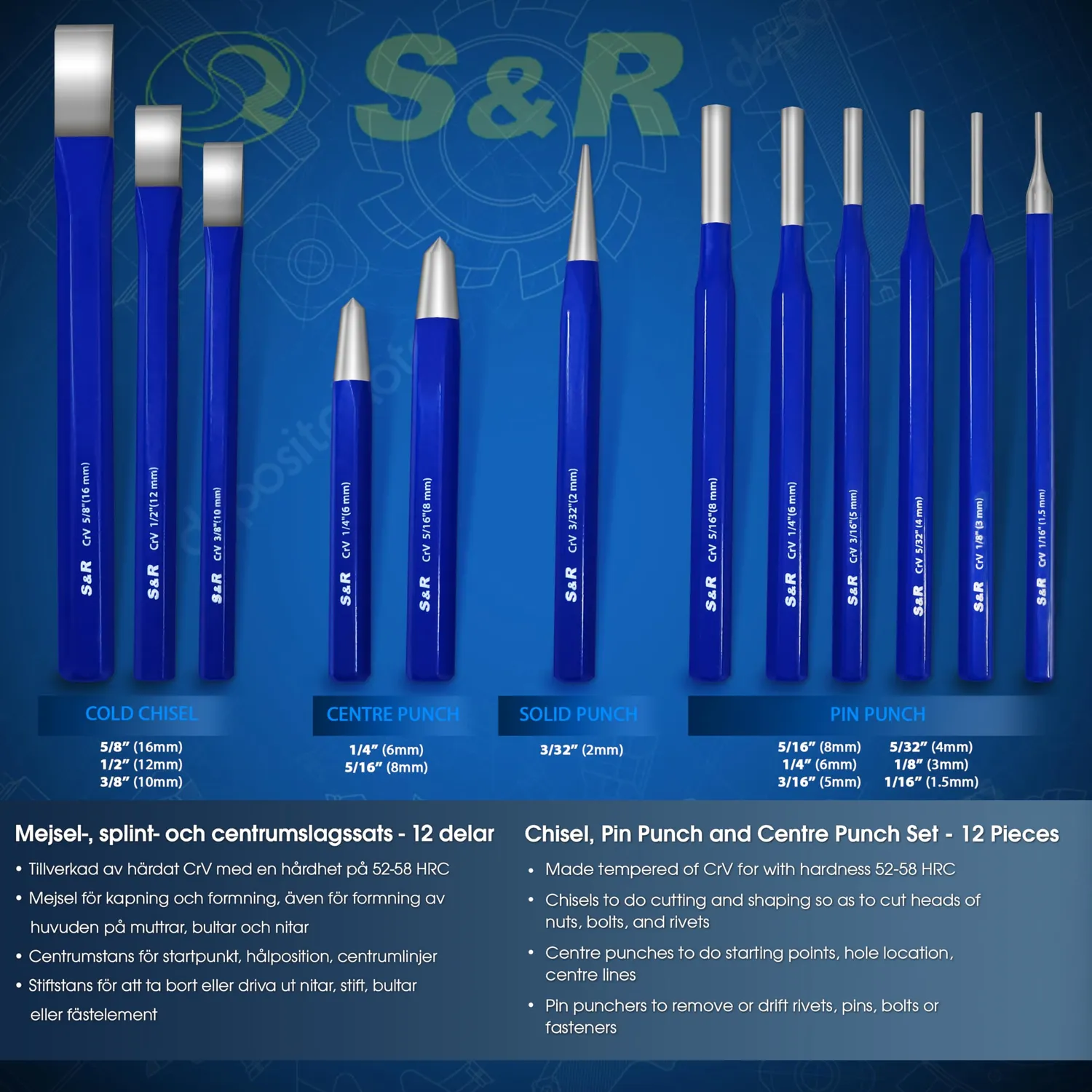 S&R Set 12pz scalpelli cacciaspine acciaio CR-V