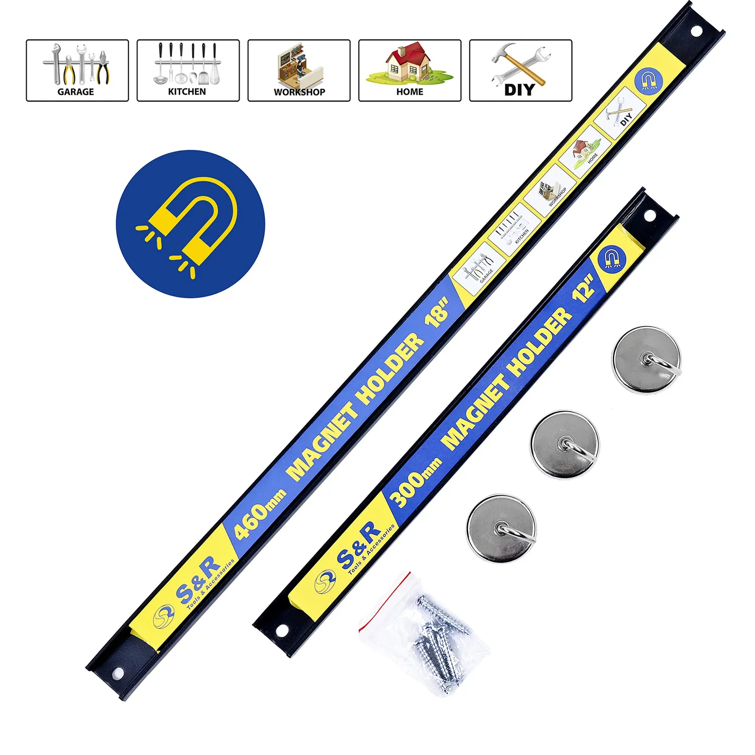 S&R barra magnetica portautensili 30+46 cm kit 2 pezzi con ganci