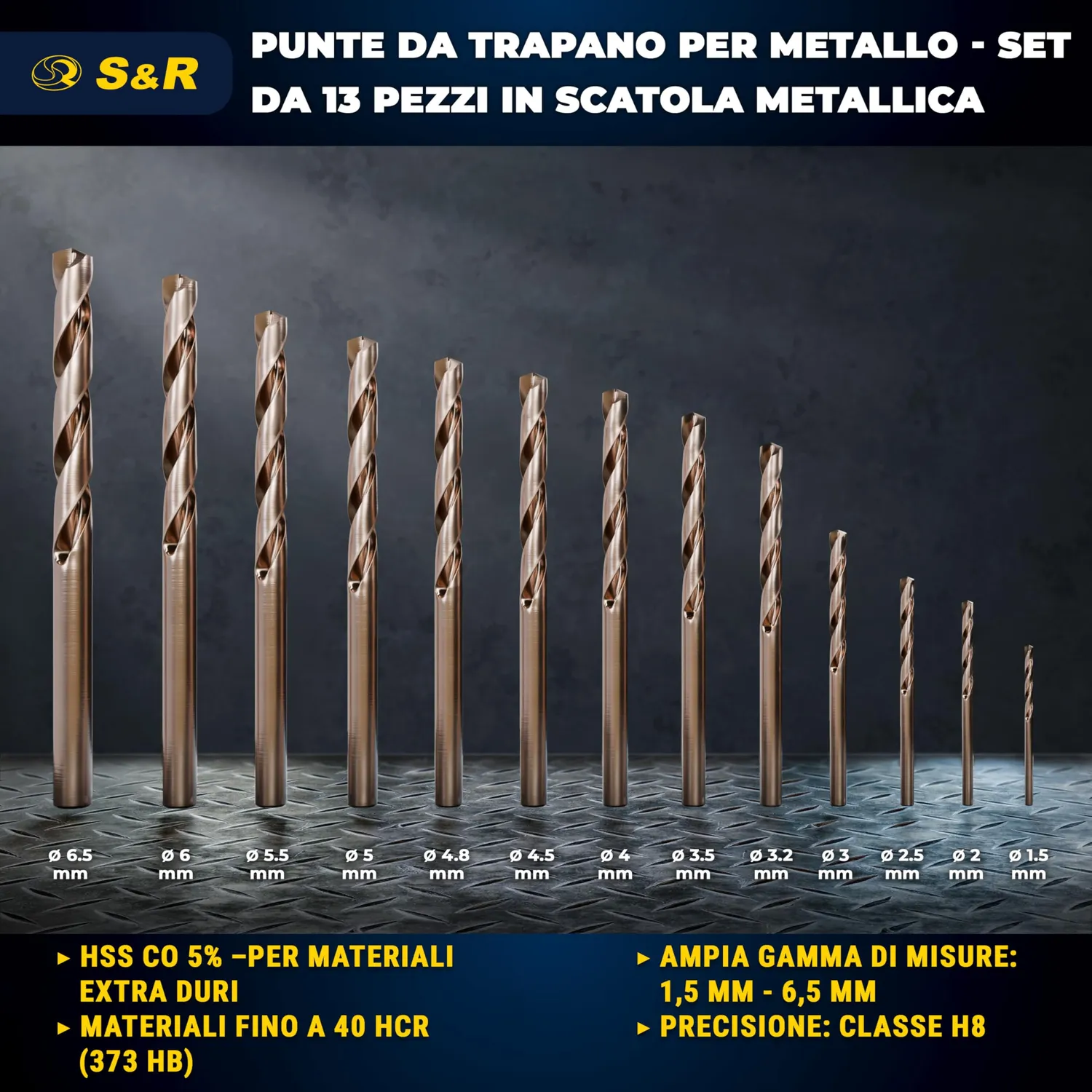 S&R Punte cobalto HSS 13pz 1,5-6,5mm inox scatola metallo