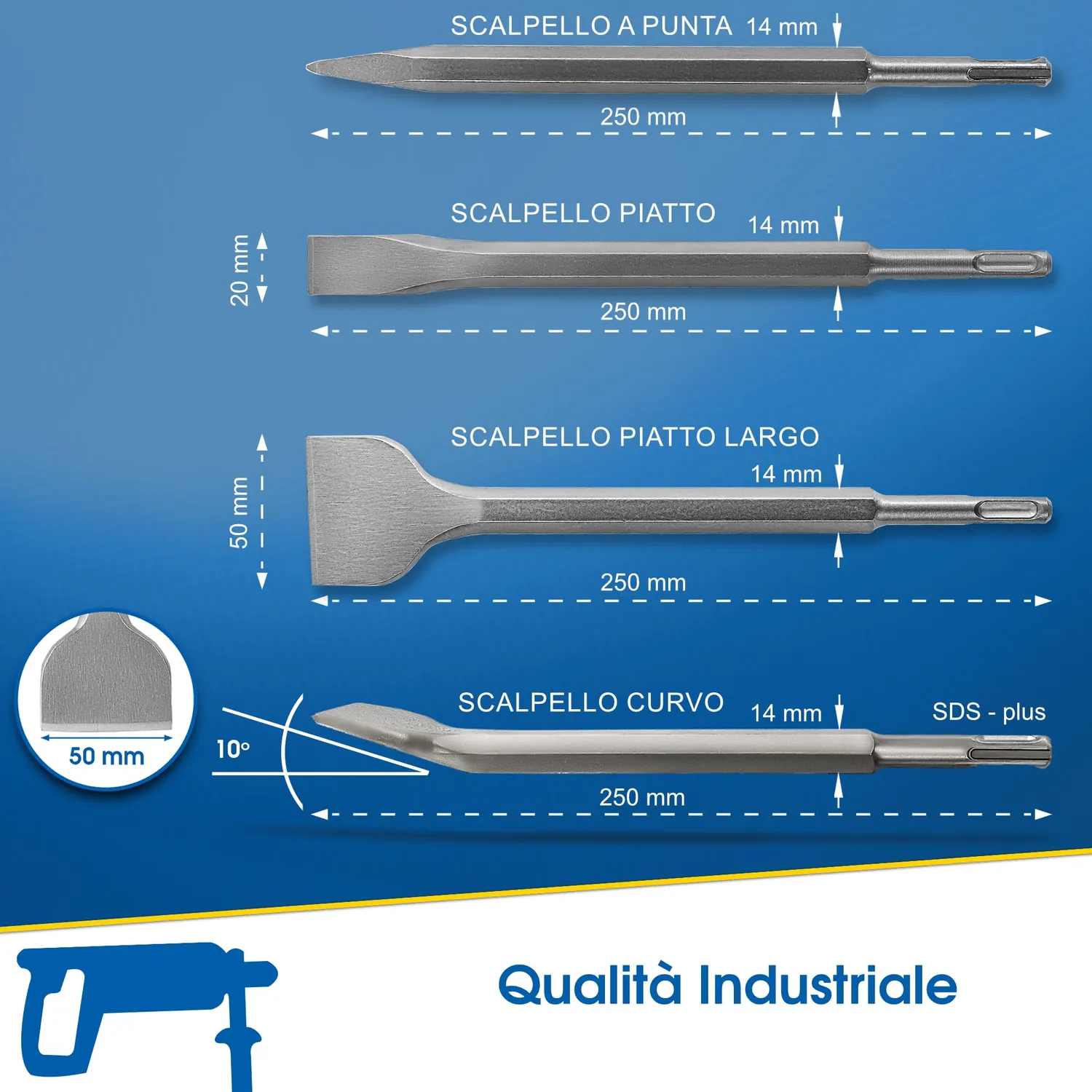 S&R Set 4 Scalpelli SDS-Plus Punta Piatto Piastrelle