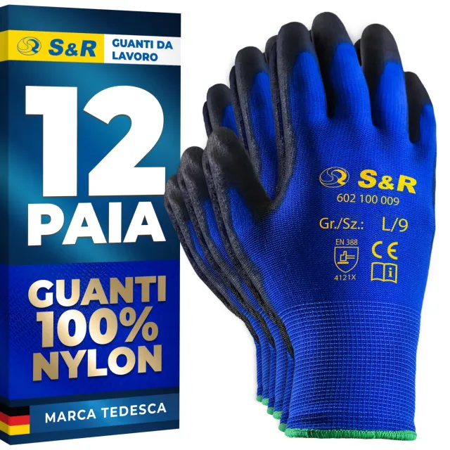 S&R guanti lavoro nylon poliuretano blu taglia L/9 12 paia