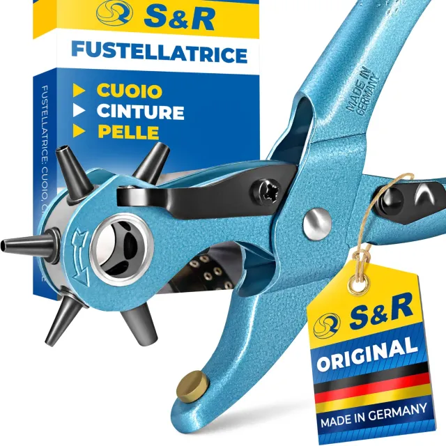 S&R pinza fustellatrice bucacinture pelle azzurra 6 misure