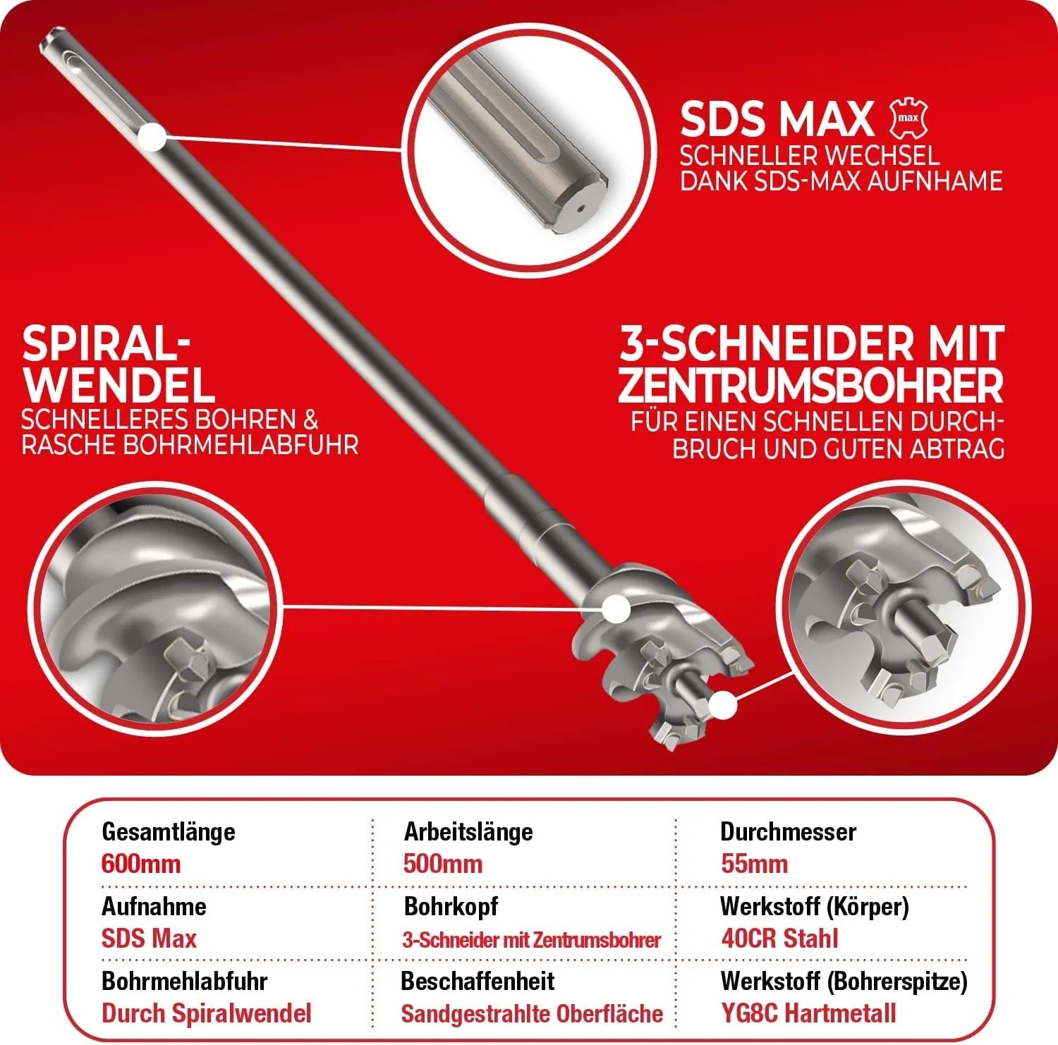 Schwabenbach SDS-Max punta passante 65x600 mm 4 taglienti
