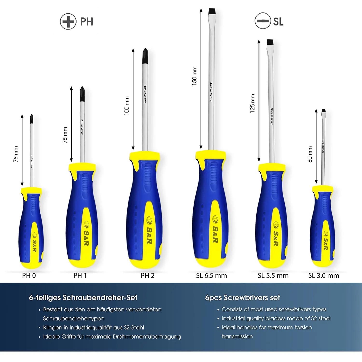 S&R set cacciaviti magnetici professionali 6 pezzi taglio croce