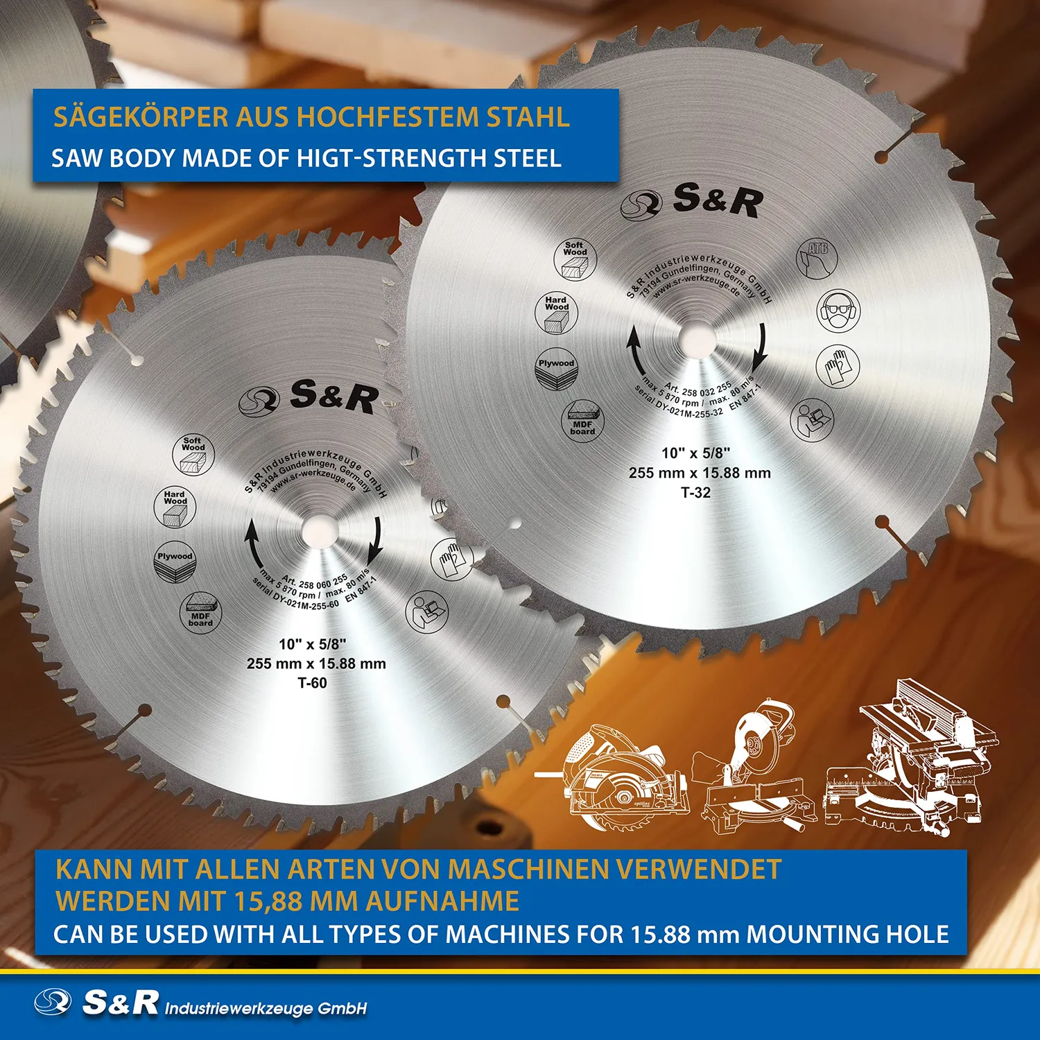 S&R Lama Sega Circolare 255 mm Set 2 Pezzi 32+60 Denti Legno