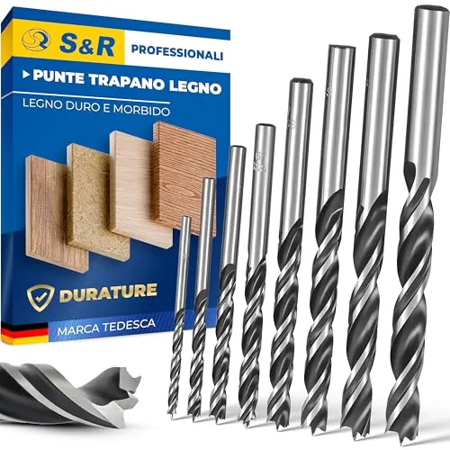 S&R Set 8 punte legno HSS 3-10 mm attacco cilindrico