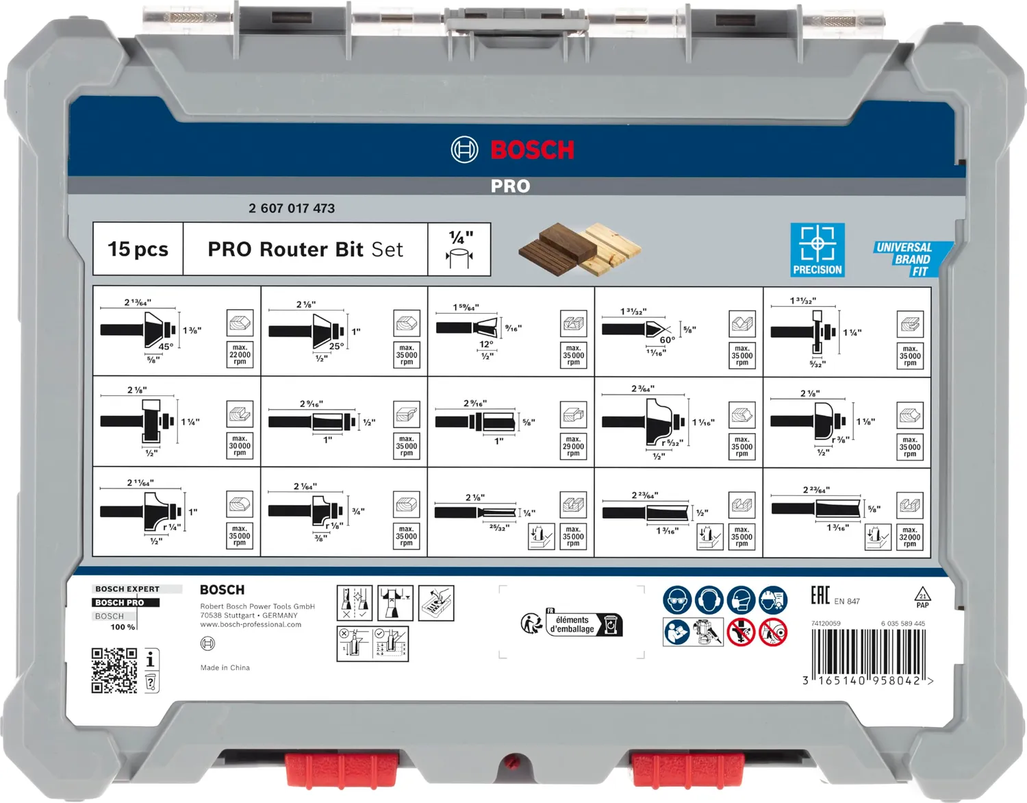Bosch Expert set frese legno 15 pezzi gambo 1/4" misto valigetta