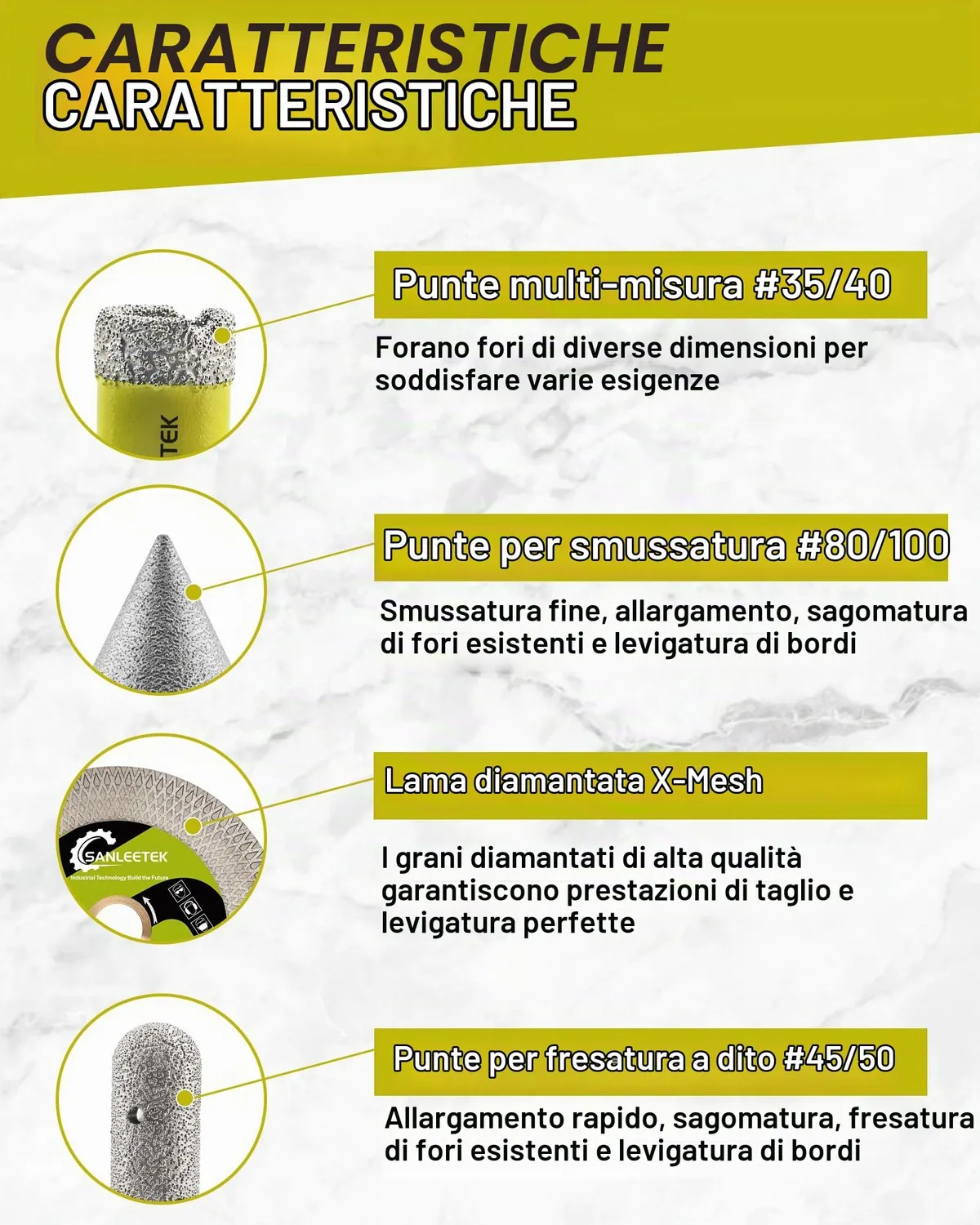 Sanleetek kit punte diamantate 12pz KIT8 per gres 6-110mm