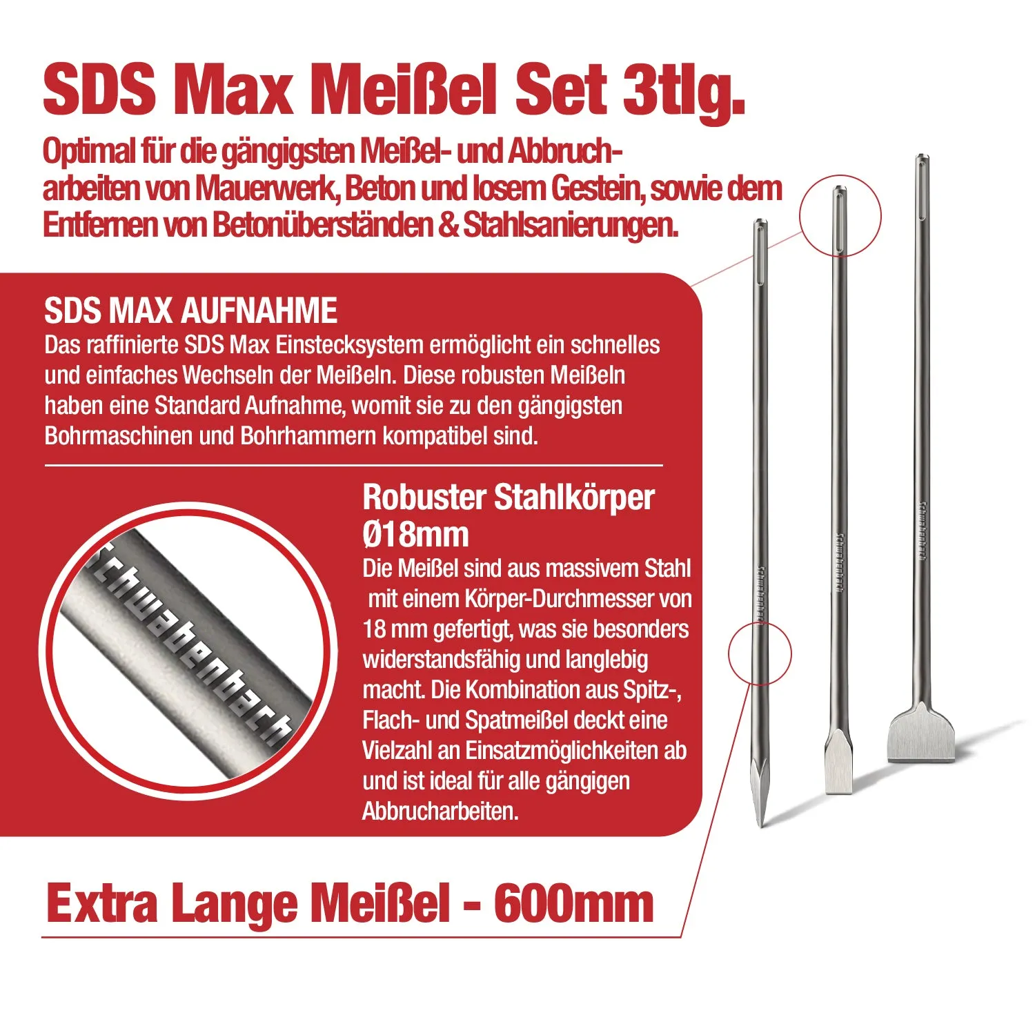 Schwabenbach Set Scalpelli SDS Max 600 mm 3 pezzi acciaio 40Cr