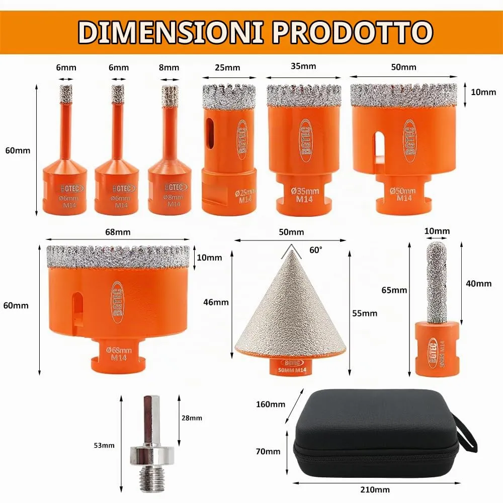 BGTEC kit frese diamantate M14 10 pezzi gres piastrelle