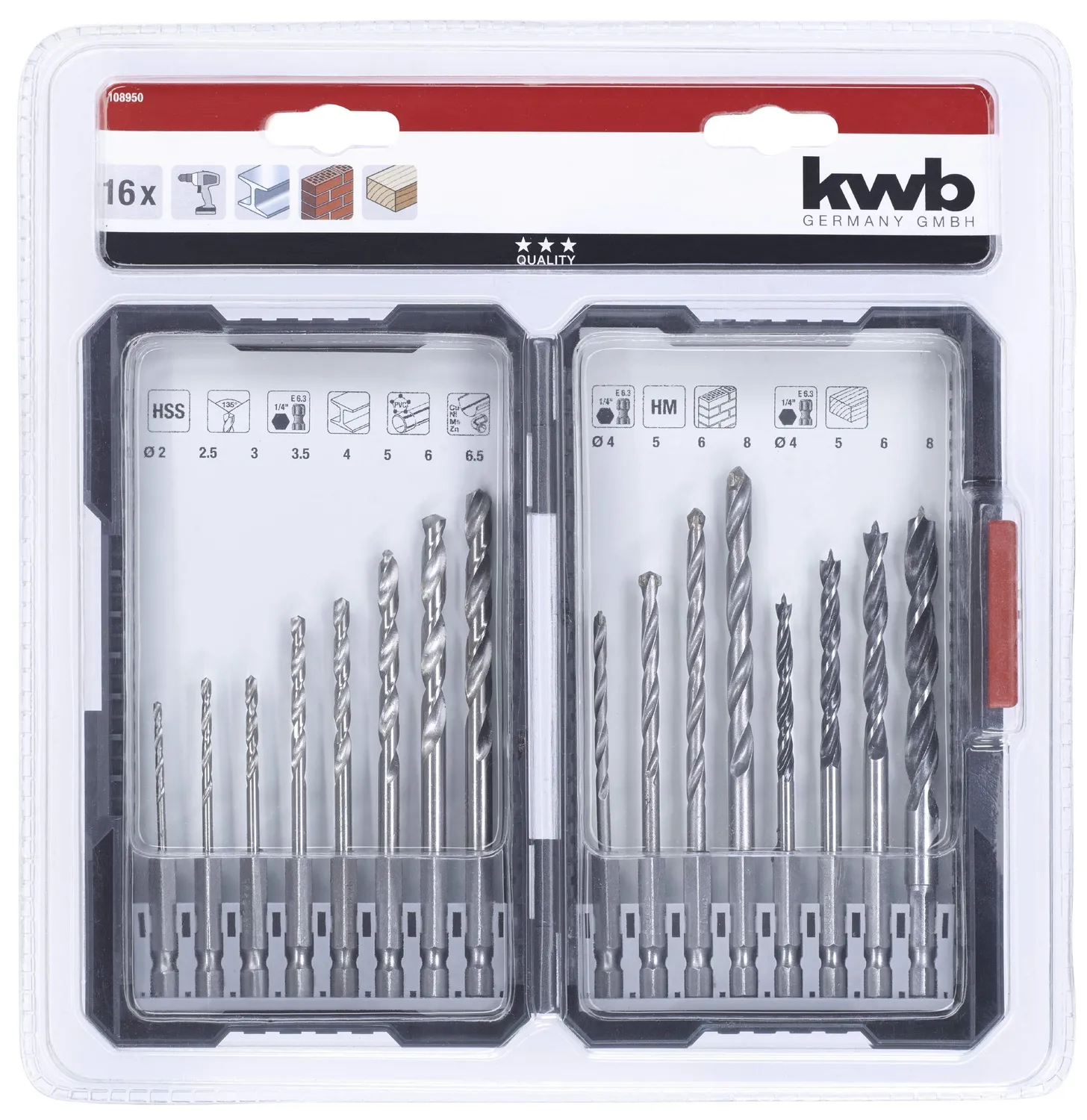 KWB 108950 Set Punte 16 Pezzi Esagonale HSS