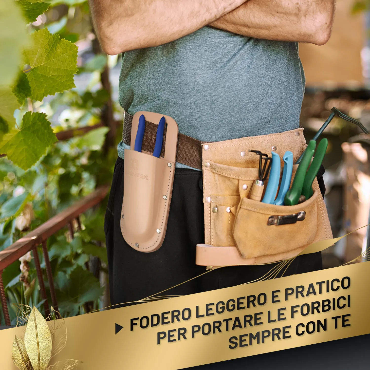 Grüntek fondina pelle marrone chiaro per forbici potatura