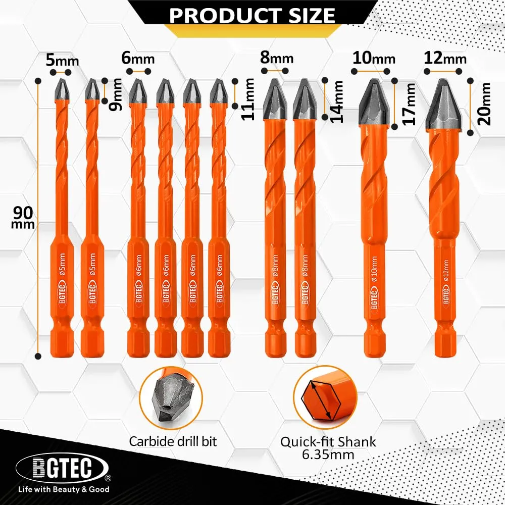 BGTEC Set 10 Punte Trapano 5-12 mm Gres Porcellanato Vetro