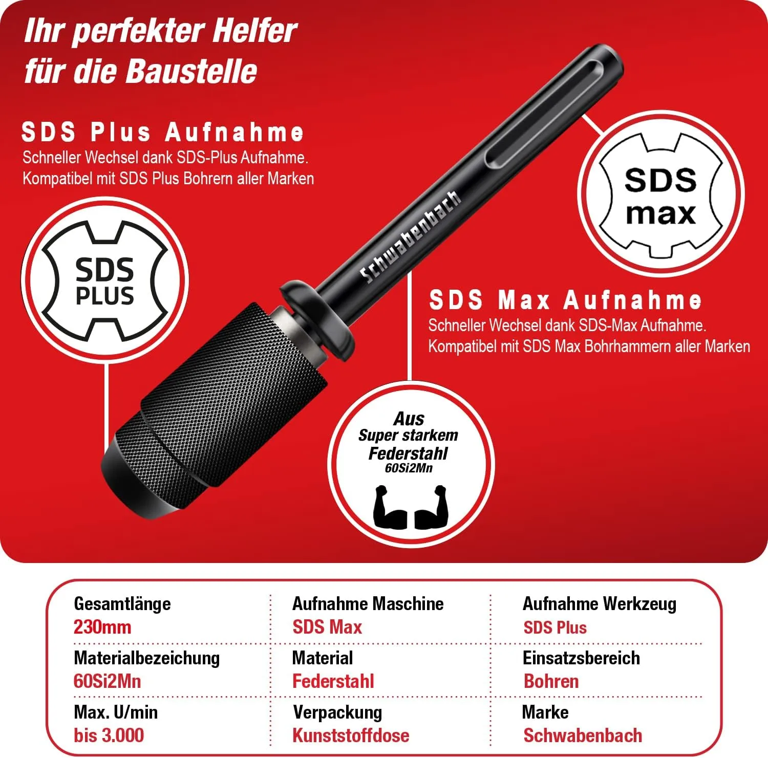 Schwabenbach Adattatore SDS-Max a SDS-Plus Acciaio
