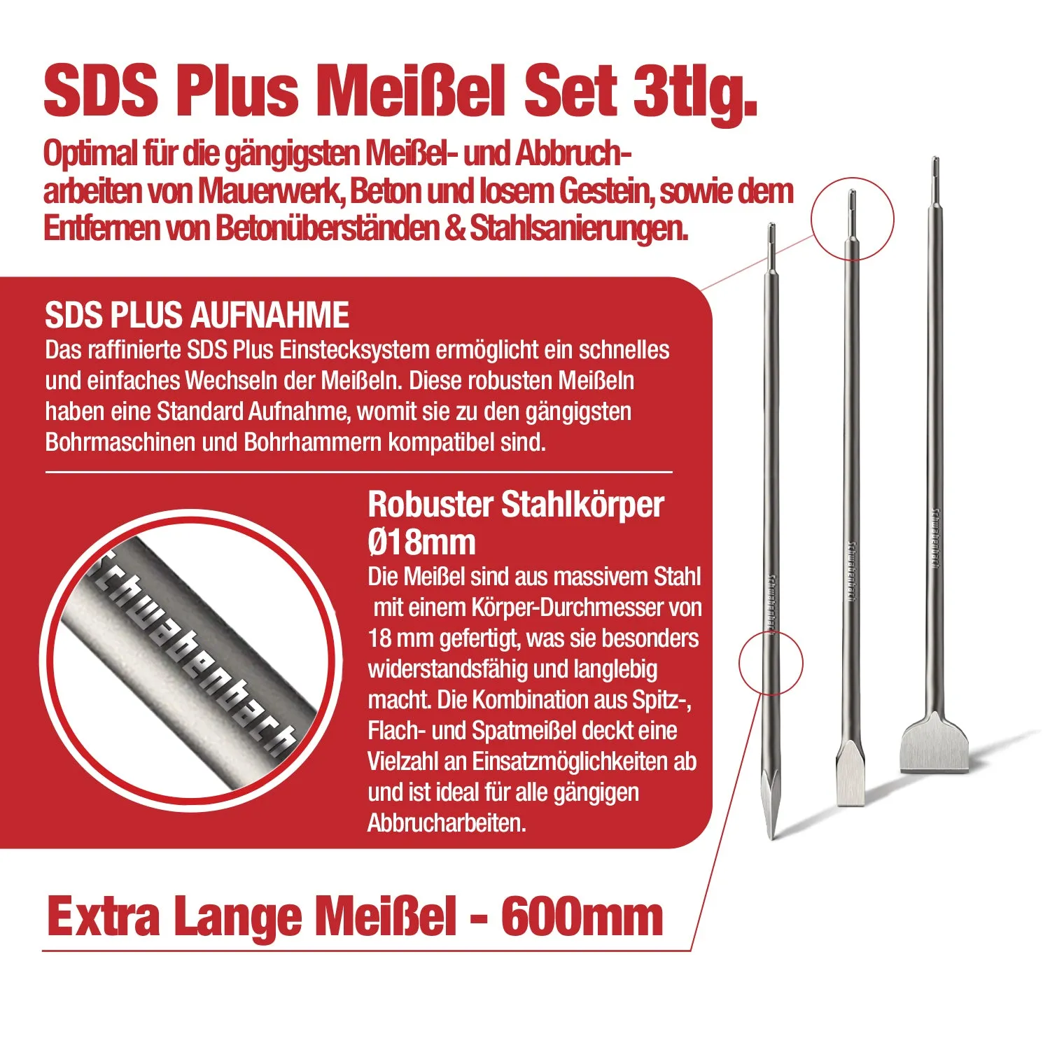 Schwabenbach Set Scalpelli SDS Plus 600 mm 3 pezzi acciaio 40Cr