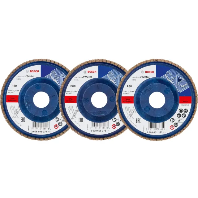 Bosch X431 dischi lamellari 115 mm P40-P80 3 pezzi metallo