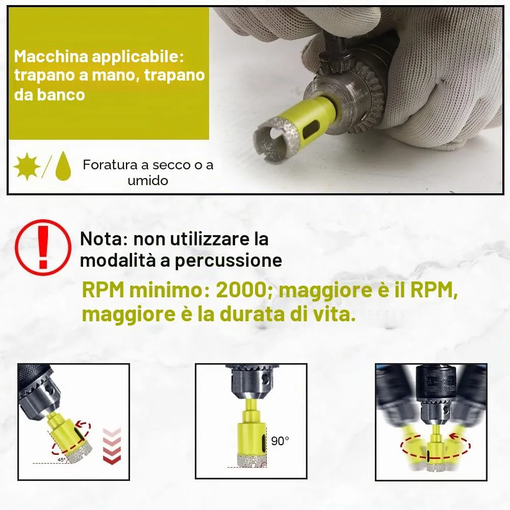 Sanleetek punte diamantate 8 pezzi 6-35 mm gres marmo uso secco