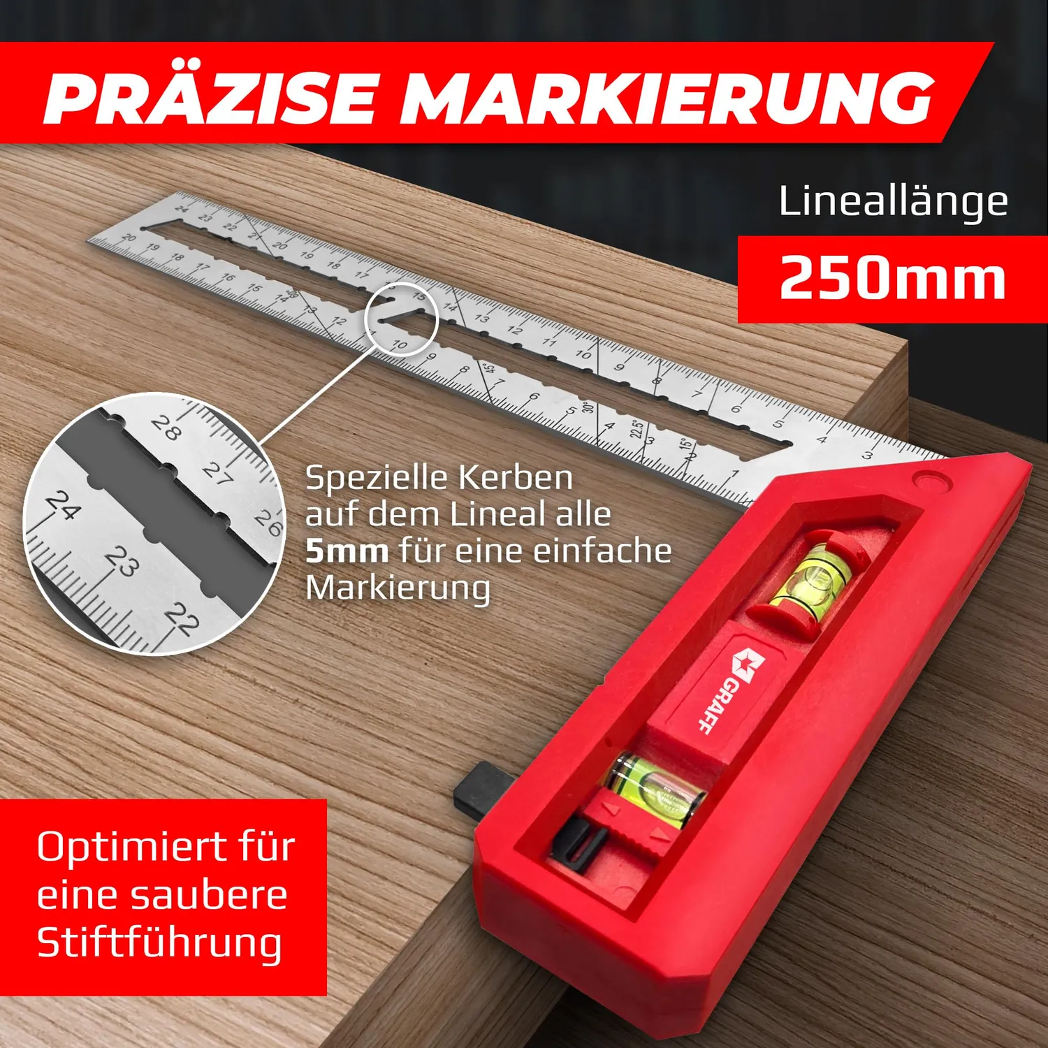 Graff squadra falegname 250 mm 90° 45° livella