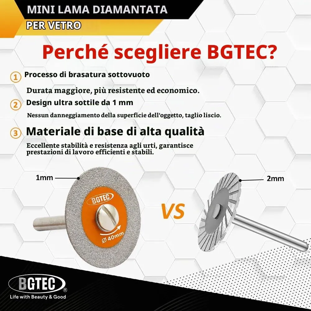 BGTEC Disco Diamantato 50 mm Vetro Set 5 Pezzi Gambo