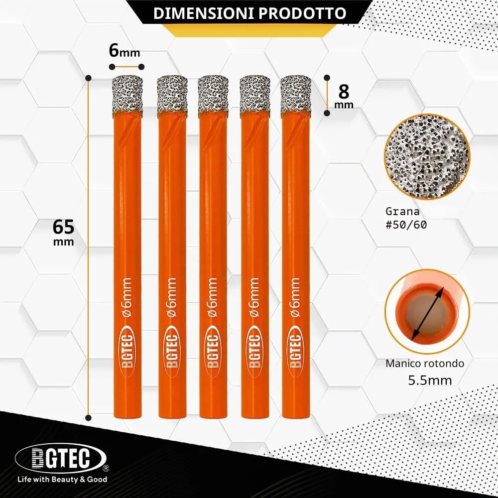 BGTEC Punte Diamantate 6 mm 5 Pezzi a Secco per Gres