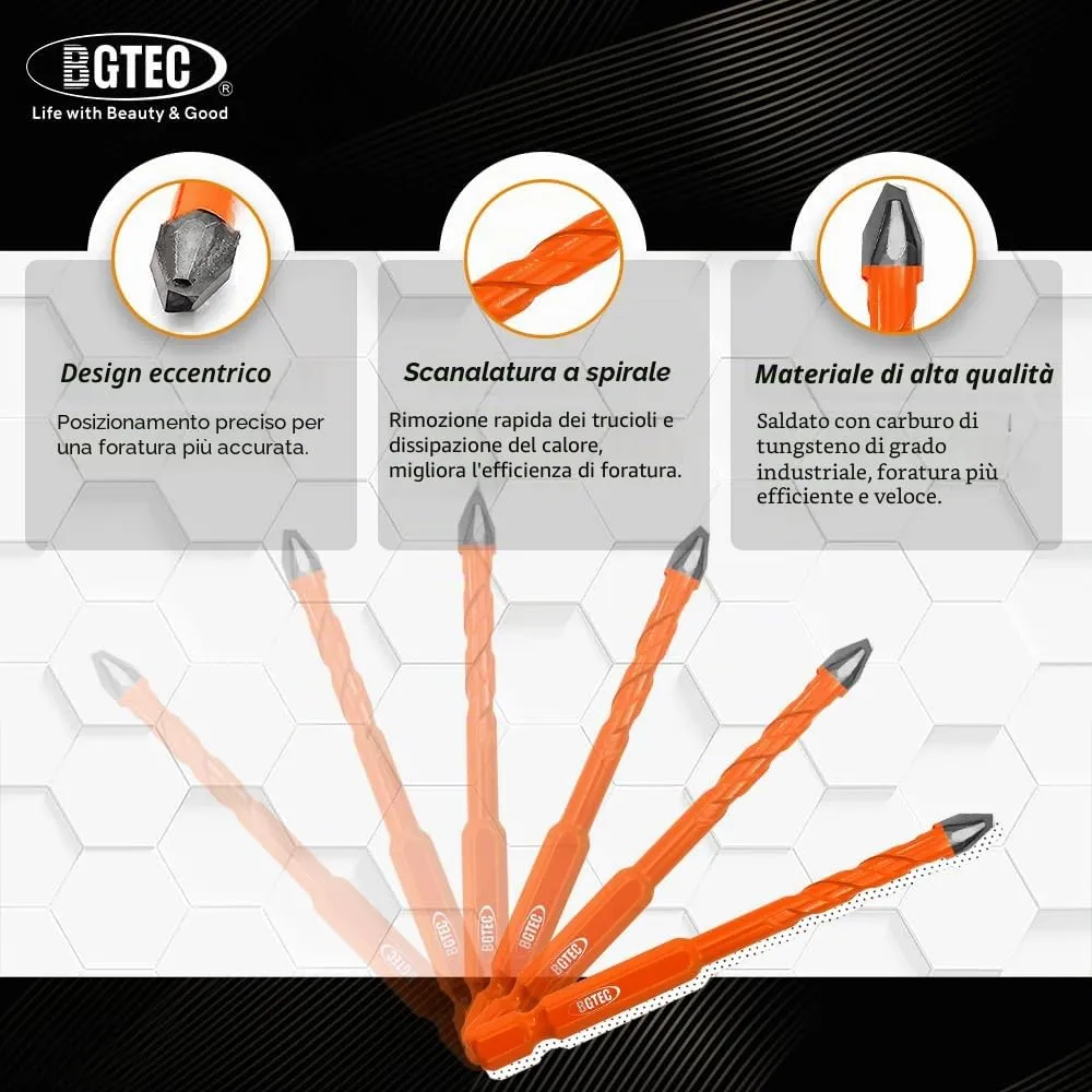 BGTEC Set 10 Punte Trapano 5-12 mm Gres Porcellanato Vetro