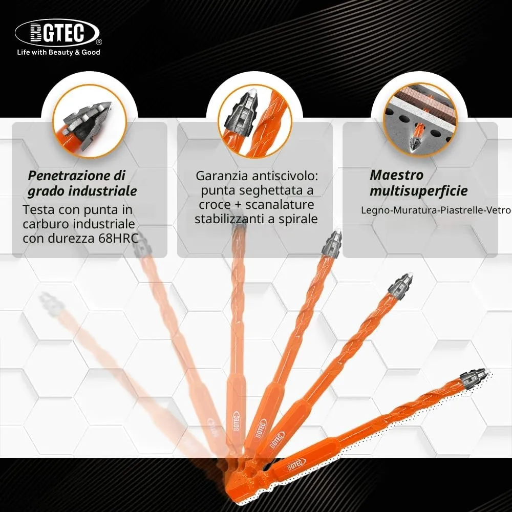 BGTEC Set 5 Punte Trapano 5-12 mm Muro Gres Vetro