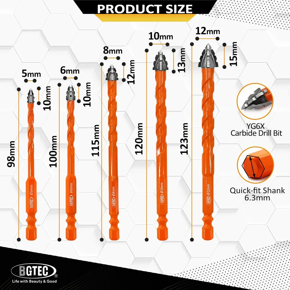 BGTEC Set 5 Punte Trapano 5-12 mm Muro Gres Vetro