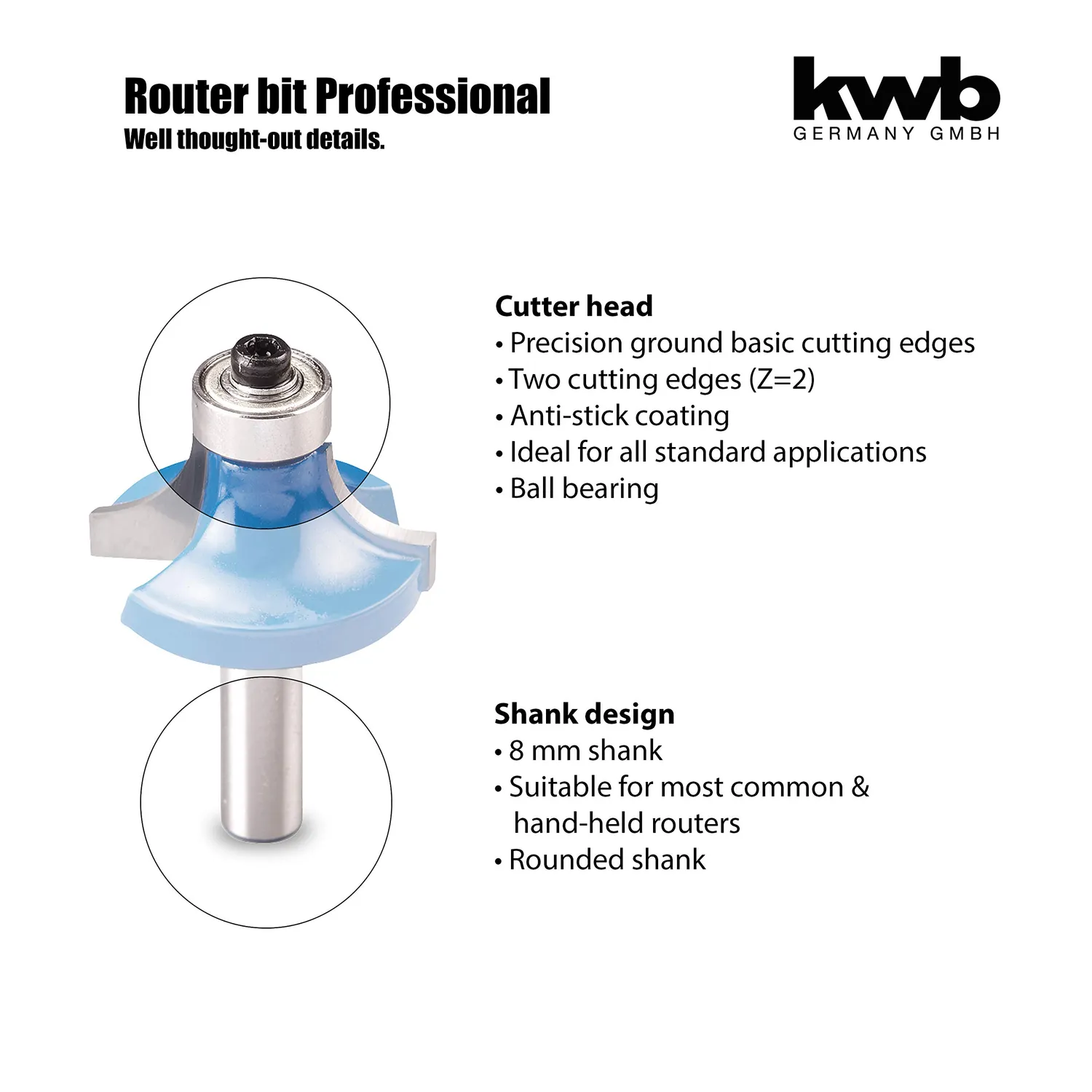 KWB 7566-20 fresa a quarto di tondo legno R6,35 mm