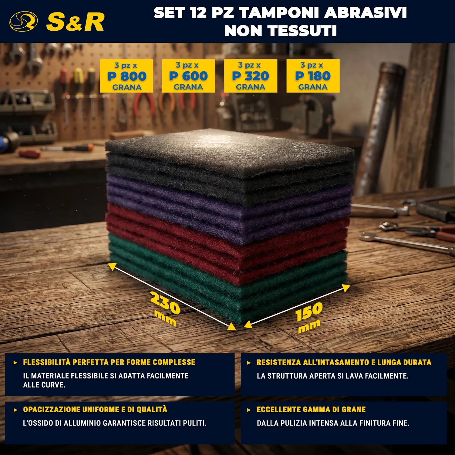 S&R Spugne Abrasive 12 pz Grana 180-800 per Metallo Legno