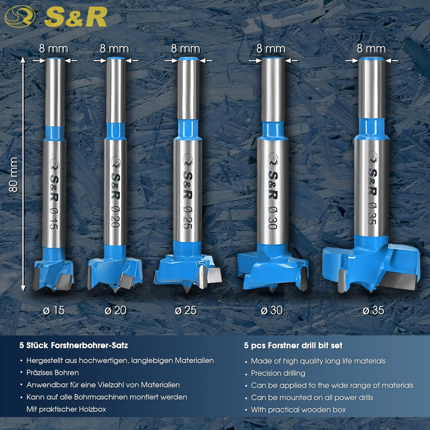 S&R Forstner Set 5 Punte Legno 15-35 mm scatola legno