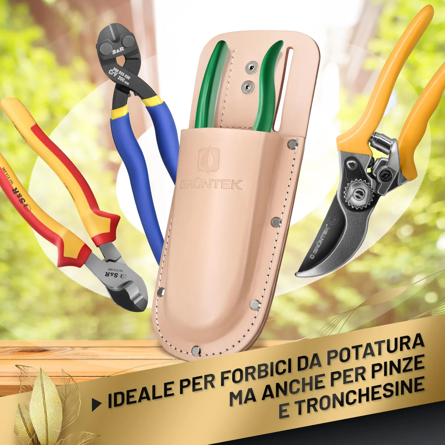 Grüntek fondina pelle marrone chiaro per forbici potatura