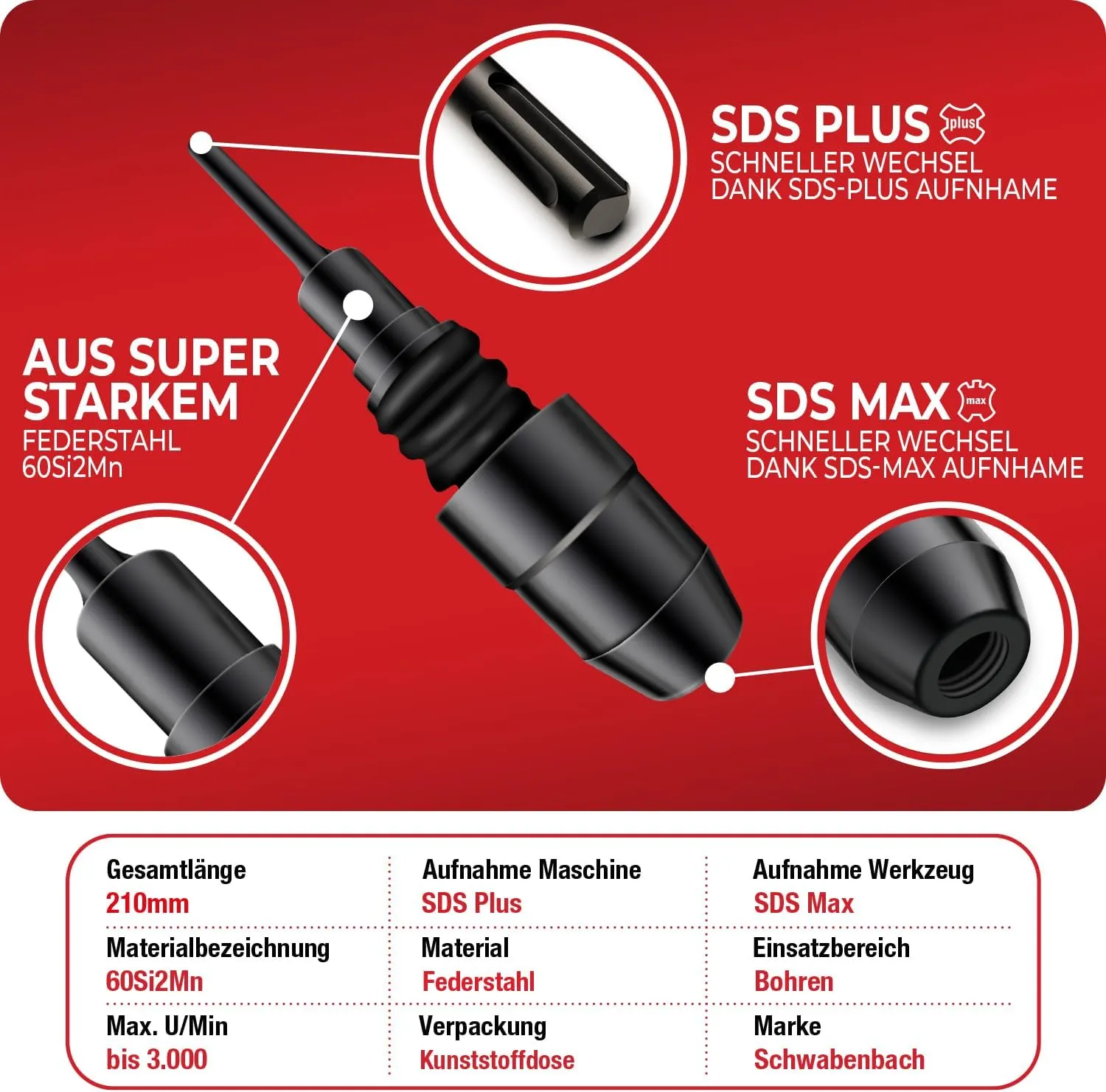 Schwabenbach Adattatore SDS-Plus su SDS-Max Acciaio Temprato