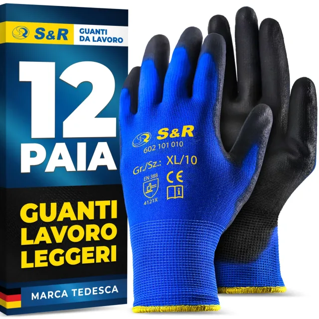 S&R Guanti Lavoro PU 12 Paia XL 10 Leggeri