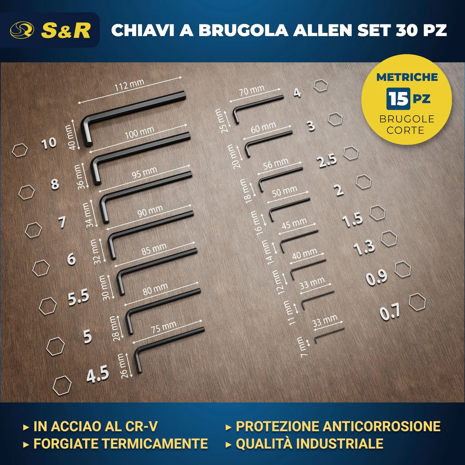 S&R set chiavi a brugola esagonali 30 pz metriche e pollici