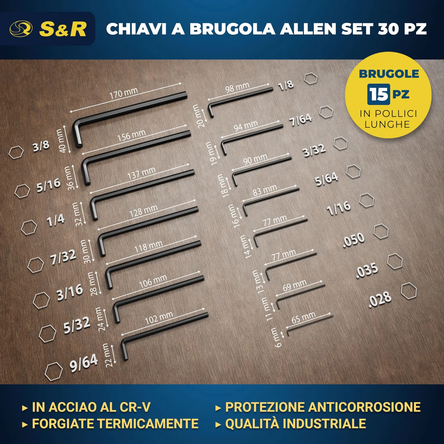 S&R set chiavi a brugola esagonali 30 pz metriche e pollici