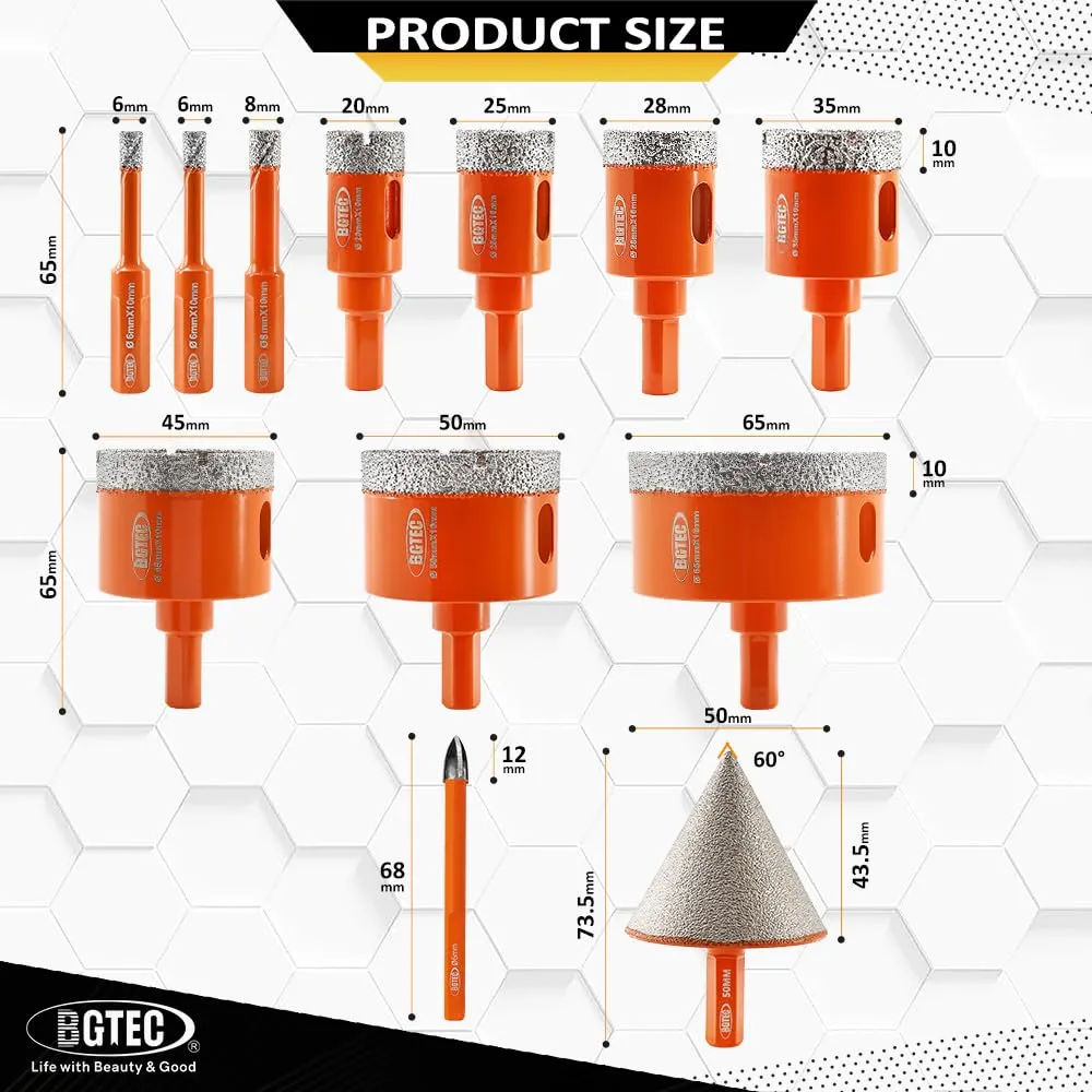 BGTEC set 12 frese diamantate per piastrelle a secco