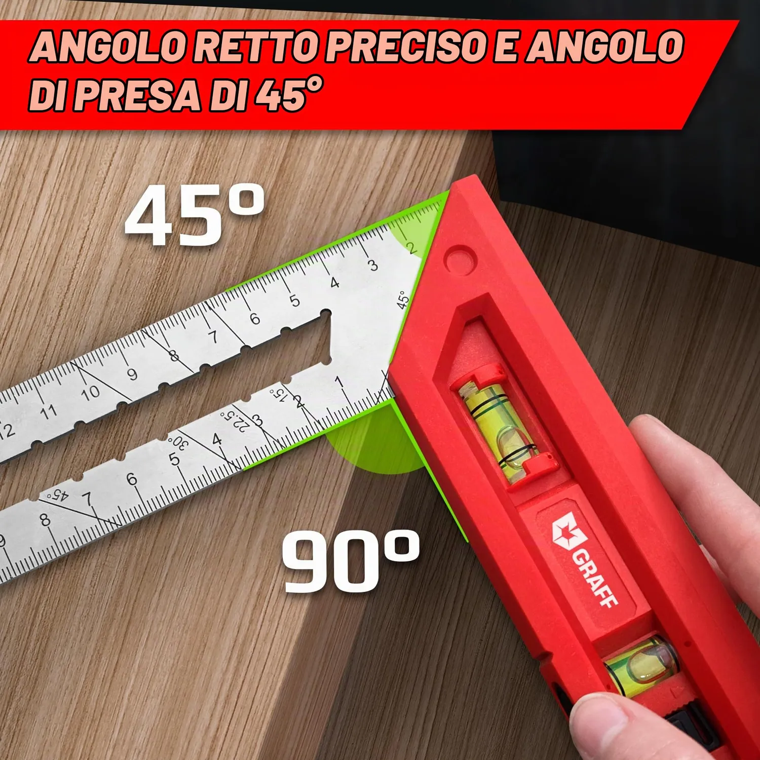 Graff squadra falegname 250 mm 90° 45° livella