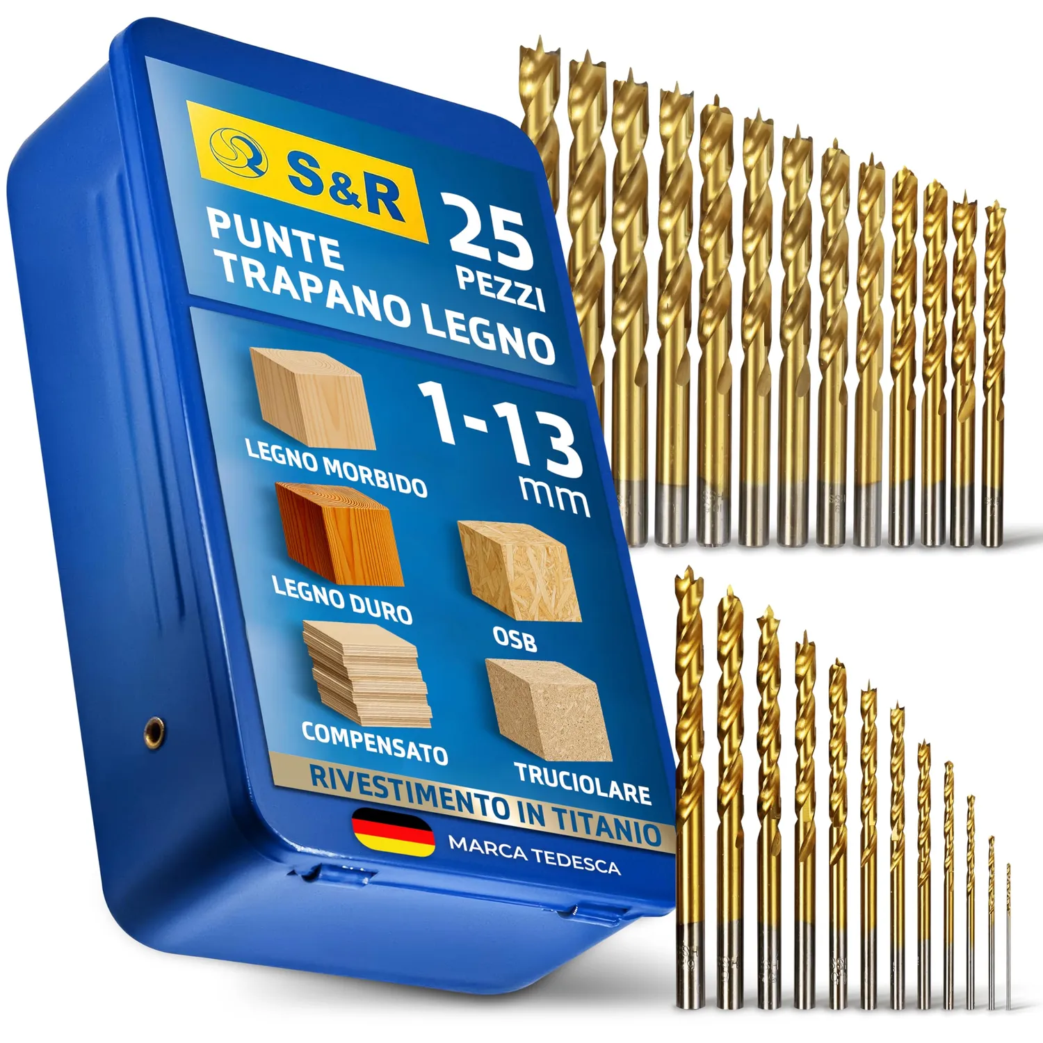 S&R Set 8 punte legno HSS 3-10 mm attacco cilindrico