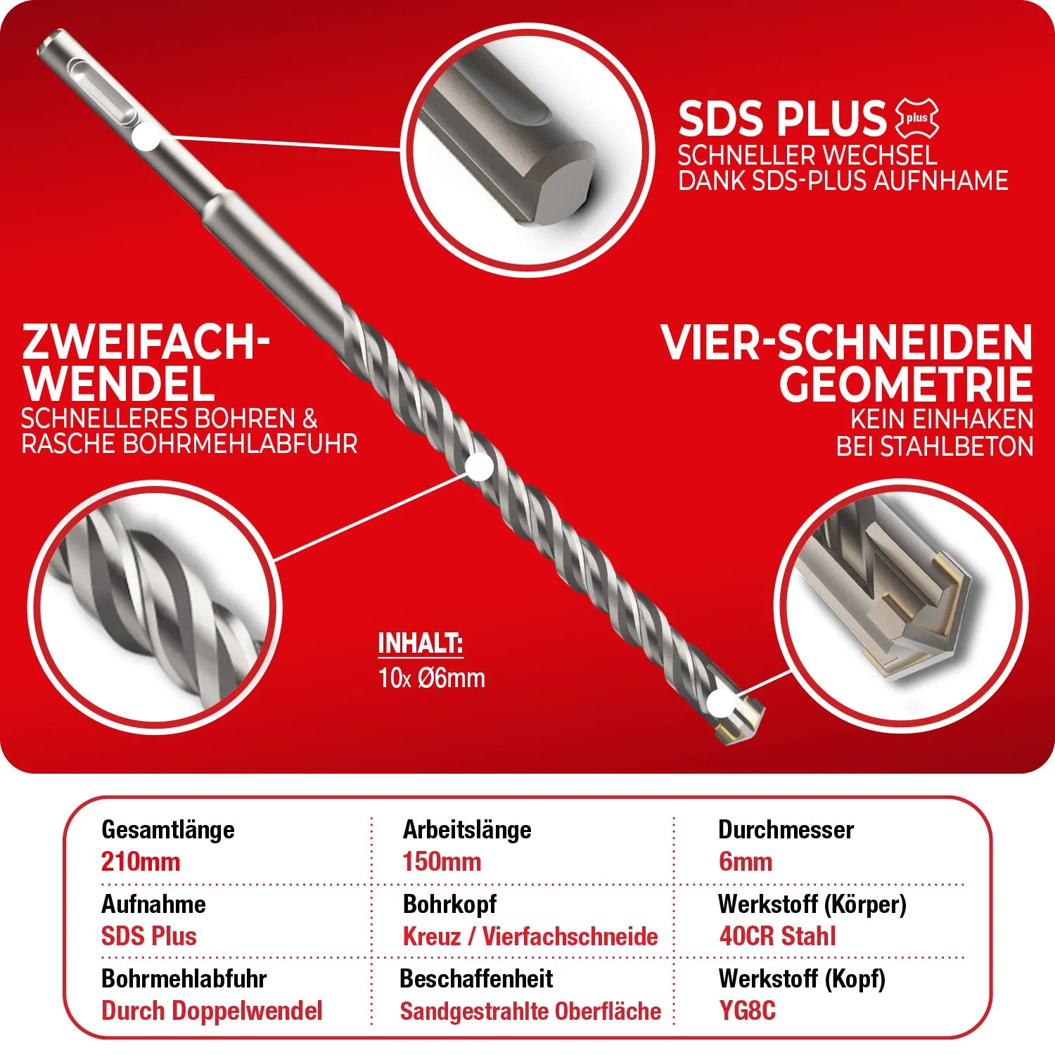 Schwabenbach Set 10 Punte SDS Plus 6x210 mm calcestruzzo