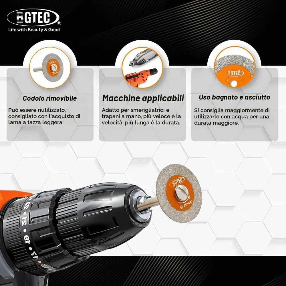BGTEC Disco Diamantato 50 mm Vetro Set 5 Pezzi Gambo
