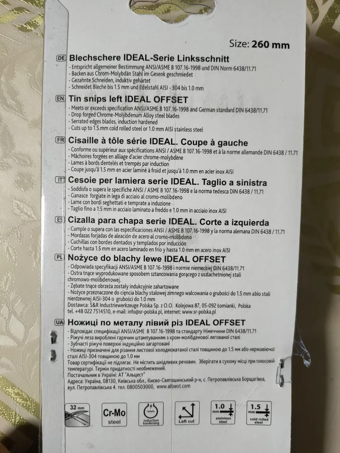 S&R cesoie lamiera taglio sinistra 260 mm Cr-Mo