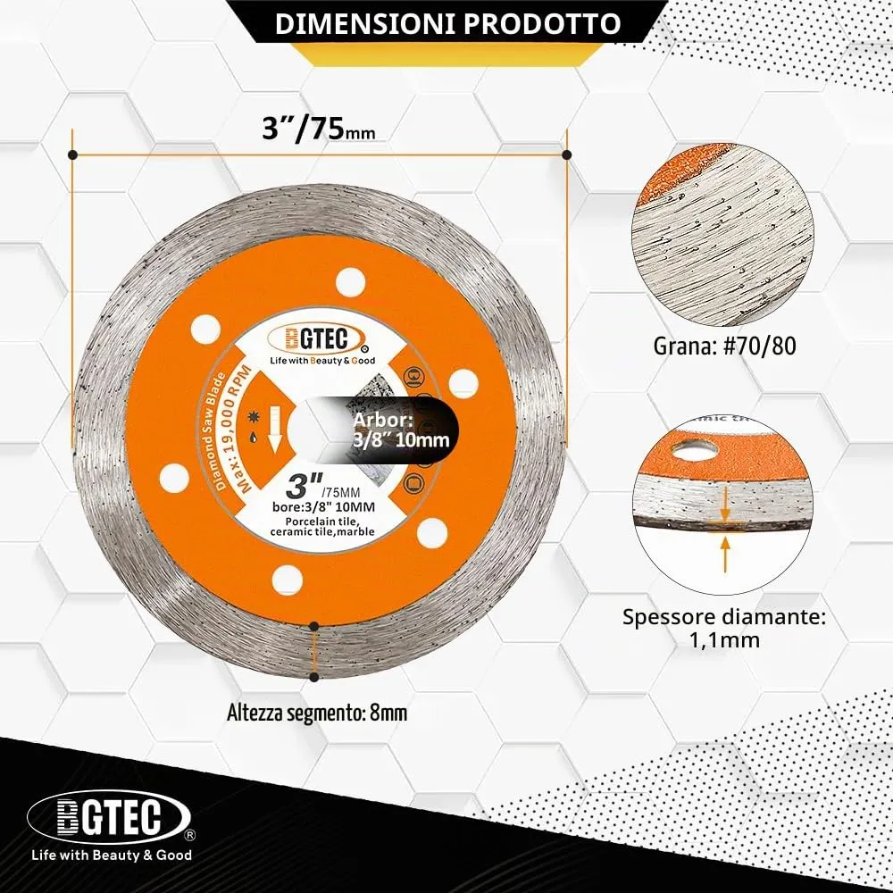 BGTEC Disco Diamantato 75 mm Ceramica 3 Pezzi