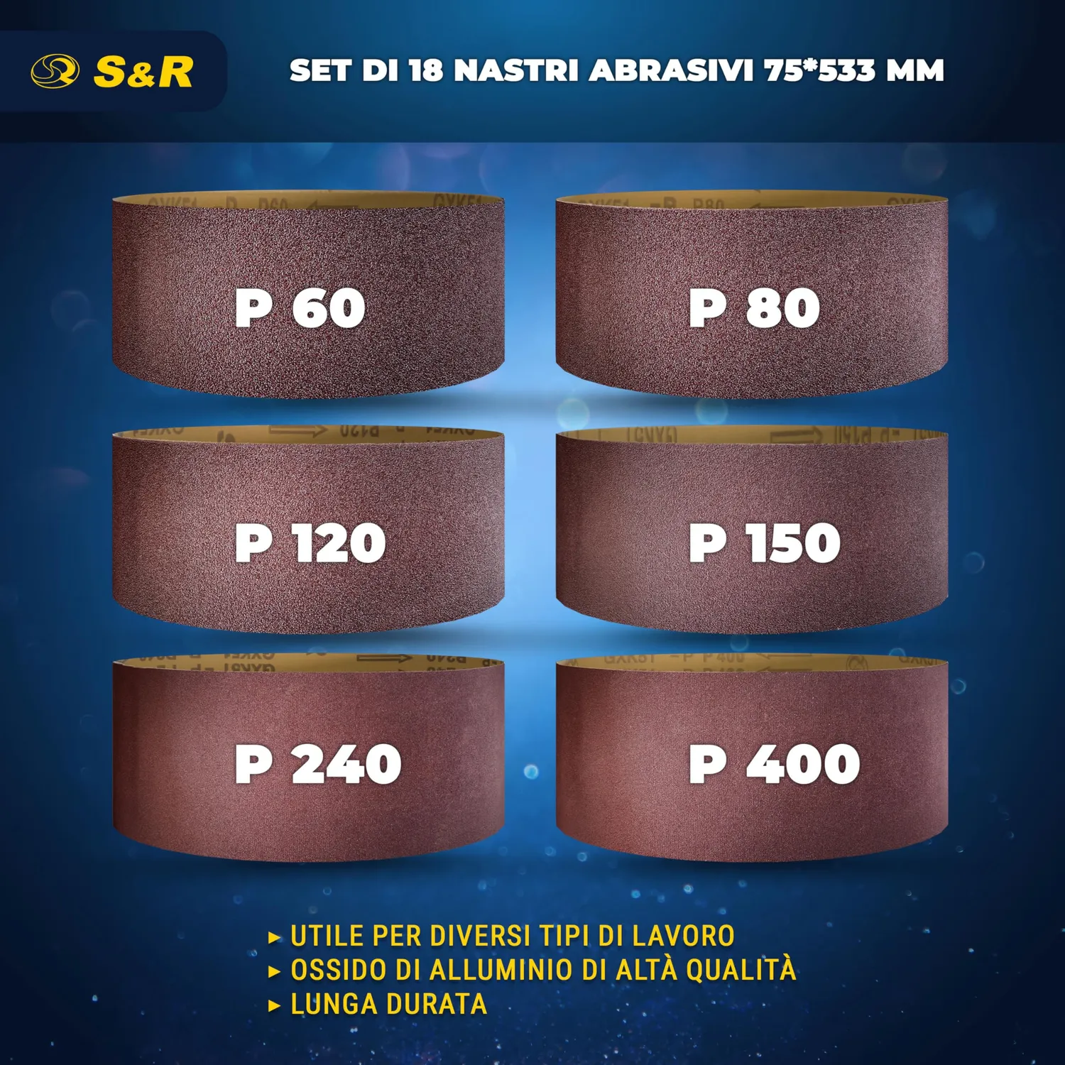S&R Nastri abrasivi 75x533 mm set 18 pezzi grana assortita