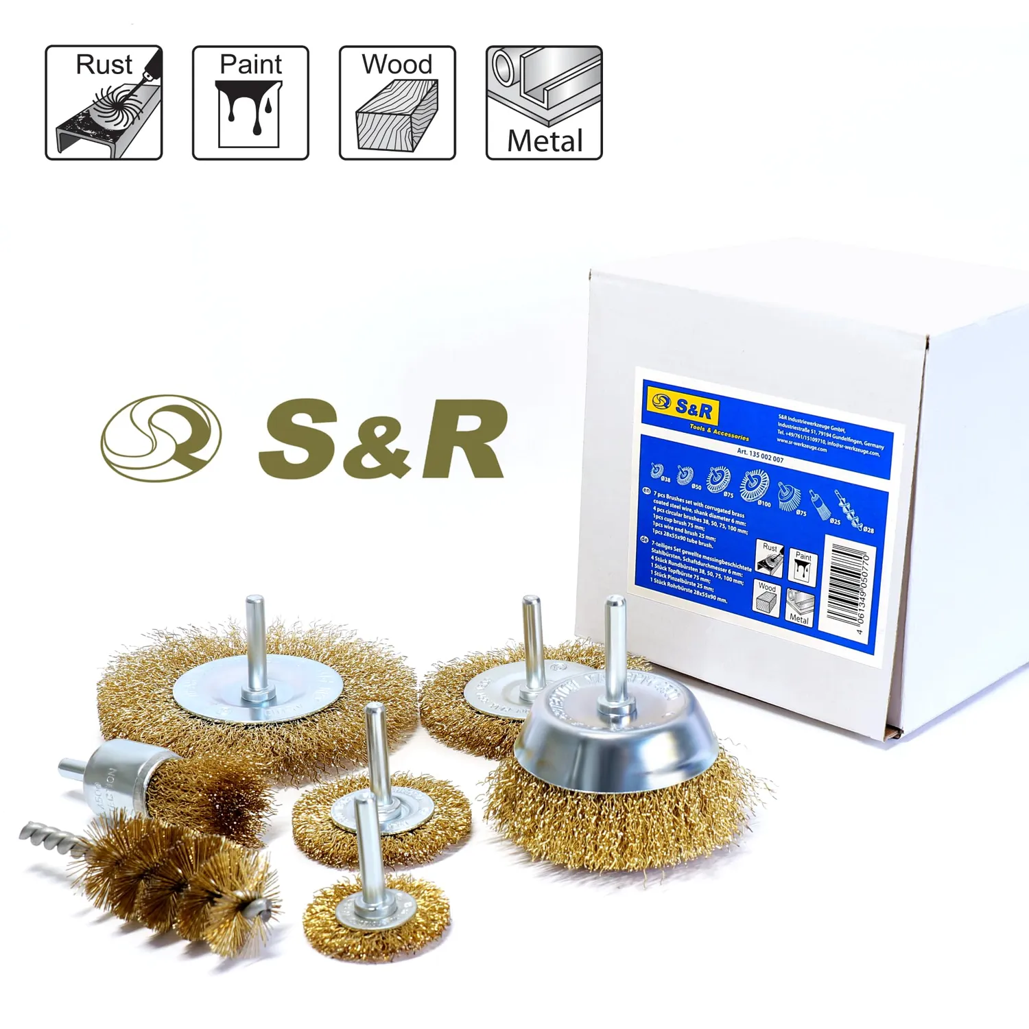 S&R set 7 spazzole metalliche 6 mm per trapano ottonate