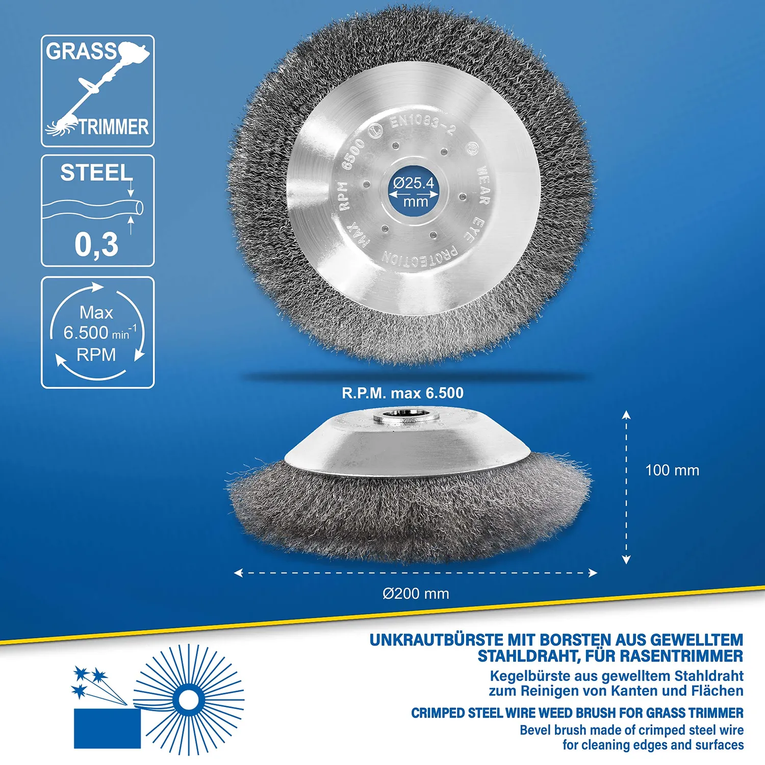 S&R Spazzola Erbacce Decespugliatore 200x25,4 mm Filo Acciaio