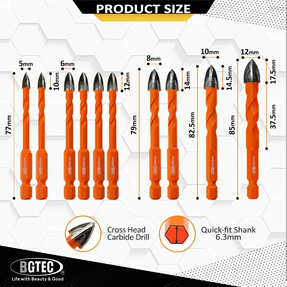BGTEC set punte trapano 10 pezzi 5-12 mm esagonale